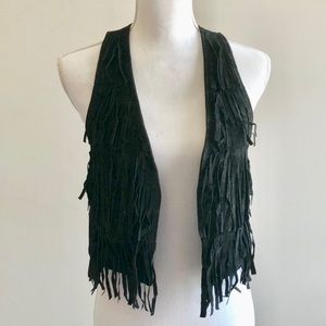Genuine Black Leather Suede Fringe Vest Jacket